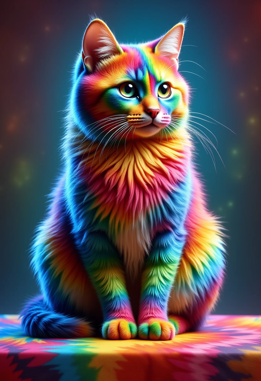 <lora:tiedye:1> eptiedyeworld rainbow fur cat sitting on table with hypnotic rainbow eyes, with eptiedyeworld pattern on everything,