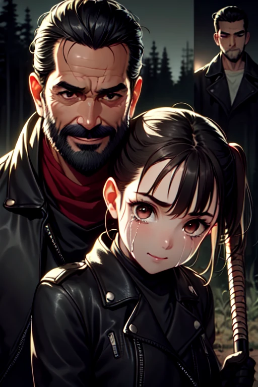 multiple views, close-up, negan, 1guy, holding weapon, facial hair, undercut, red scraf, black leather jacket, black gloves, narrow waist, slender man, 1girl, 2girls, multiple girls, fear, scared, crowd, truck, night, forest, realistic, <lora:girlhatenegan:0.9>