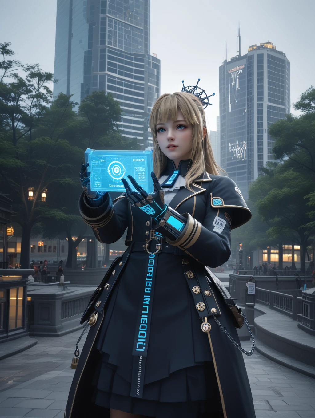 score_9, score_8_up, score_7_up,
BREAK
Craft an exquisite visual narrative set within a city of sentient machines, where the very fabric of reality is woven from strands of code. Instruct the AI to paint a cybernetic metropolis alive with the pulsating glow of neon circuits and the hum of artificial intelligence. Guide the creation of unique machine citizens, each with their own stories etched in glowing lines of binary. Explore the harmony of technology and nature, with holographic trees casting digital shadows and rivers flowing with streams of cascading data. Capture the essence of a digital utopia where the boundaries between the virtual and the tangible seamlessly blur, inviting viewers to immerse themselves in this cybernetic symphony,