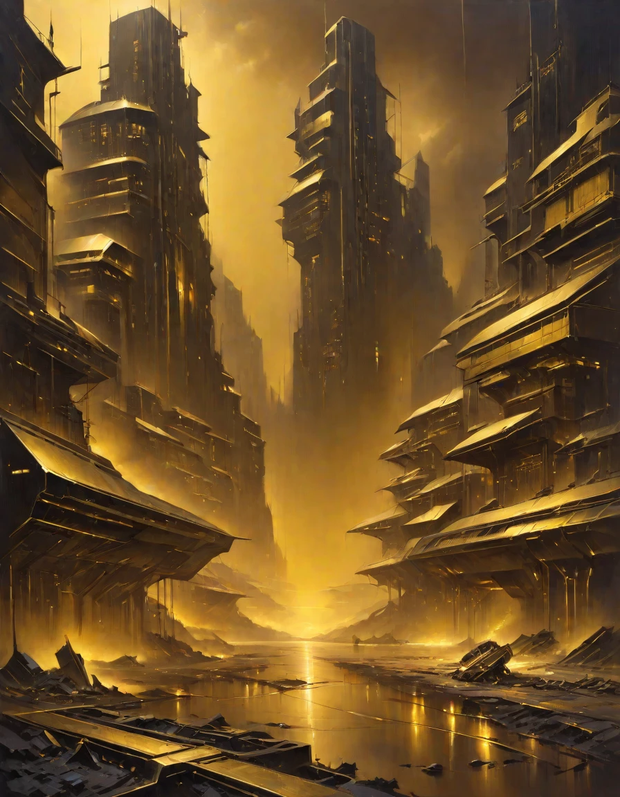 golden-darkness,masterpiece, professional artwork, oil painting, breathtaking landscape, background focus, a futuristic town  in the style of a mix of apocalyptic and cyberpunk with detailed detail in the style of Jim Burns ,<lora:Golden_Darkness_Style_SDXL:0.8>