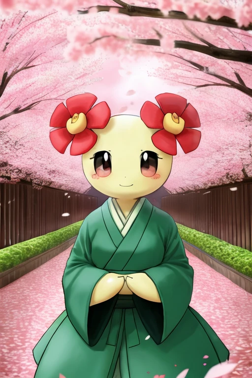 bellossom wearing a green kimono, cherry blossoms, 
in a cherry blossom orchard in Japan
by pokémon, by pokemon
<lora:bellossom:0.5>