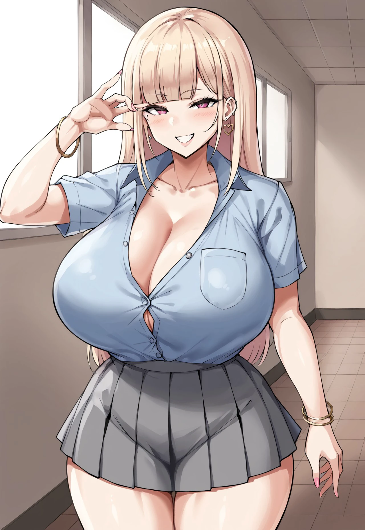 safe_pos, Score_9, nakamura misaki, light blonde hair, blunt bangs, long hair, pink eyes, heart shaped earrings, mole under eye, huge breasts, wide hips, thick thighs, legs, knees, jewelry, gyaru, blue shirt, button shirt, cleavage, collarbone, short sleeves, grey skirt, pleated skirt, school hallway, standing, cowboy shot, smile, looking at viewer, smug, light from window