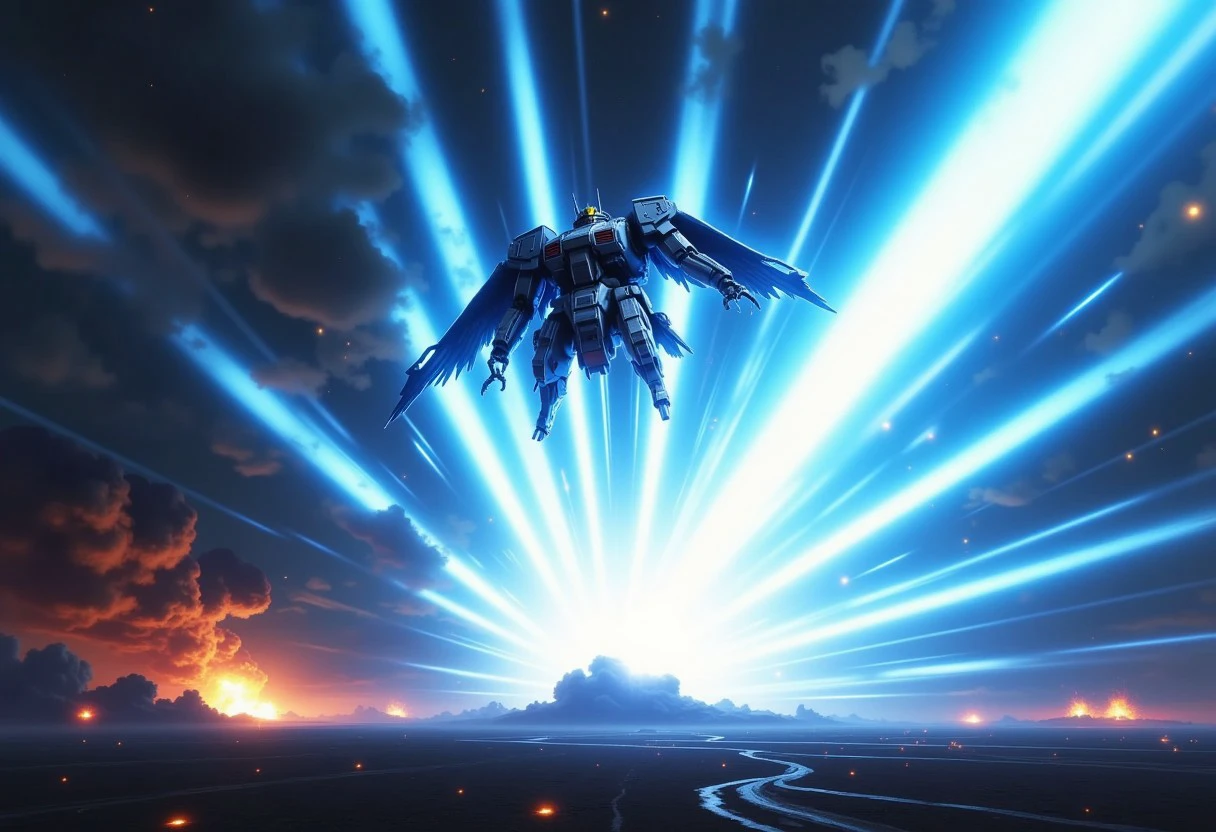 an orbital attack from a huge flying winged gundam in the sky, huge blue beam ray striking the ground with a light shock wave and explosions and fire, dark cloudy sky opened by the ray, white lighted horizon,