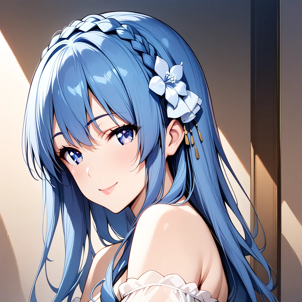 juna_doma, 1girl, blue hair, blue eyes, seductive smile, solo, crown braid, braid, long hair, looking at viewer, hair ornament, portrait, hair flower, flower, closed mouth, bare shoulders, ;)  <lora:XL-JunaDoma:1>, (masterpiece),(best quality),(ultra-detailed),(best illustration),(best shadow),(absurdres),(detailed background),(very aesthetic),