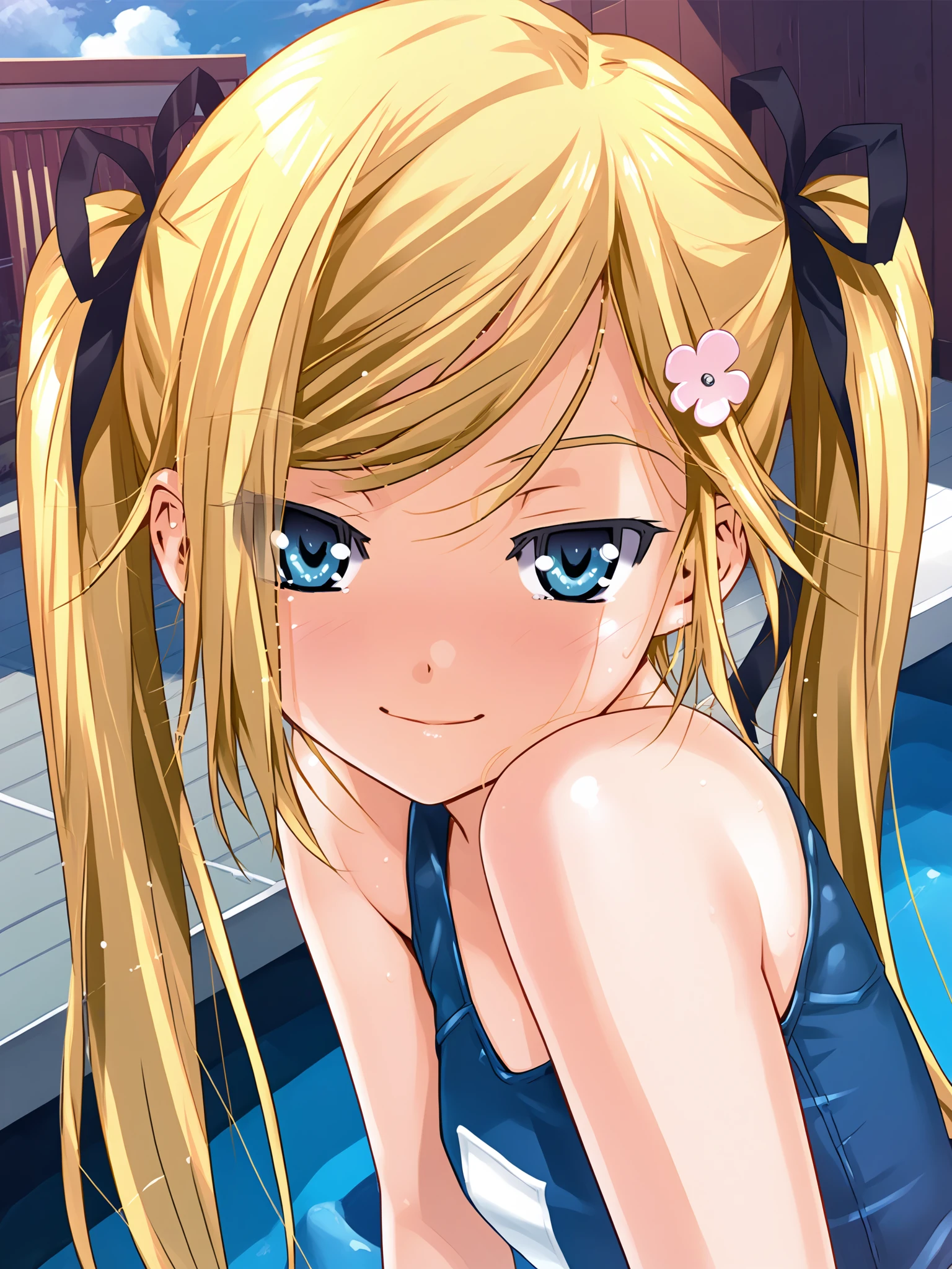 <lora:happy_tentacle-mafuyu-v0.2-000030:1>, ht_mafuyu, blonde hair, hairclip, school swimsuit, one-piece swimsuit, pool , 1girl, solo, upper body , , ( seductive smile :1.1), , looking at viewer , bent over, downblouse , facing viewer , score_9, score_8_up, score_7_up, score_6_up, score_5_up, score_4_up