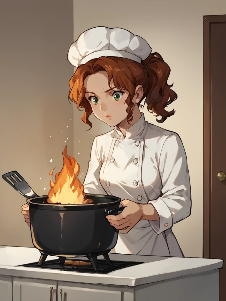 score_9, score_8_up, score_7_up, score_6_up, score_5_up, score_4_up, source_anime BREAK
<lora:Moalla:1>, chefs outfit, chefs hat, immaculate kitchen, frying pan, fire, stove, cooking, motion lines, focused, ponytail,âââ