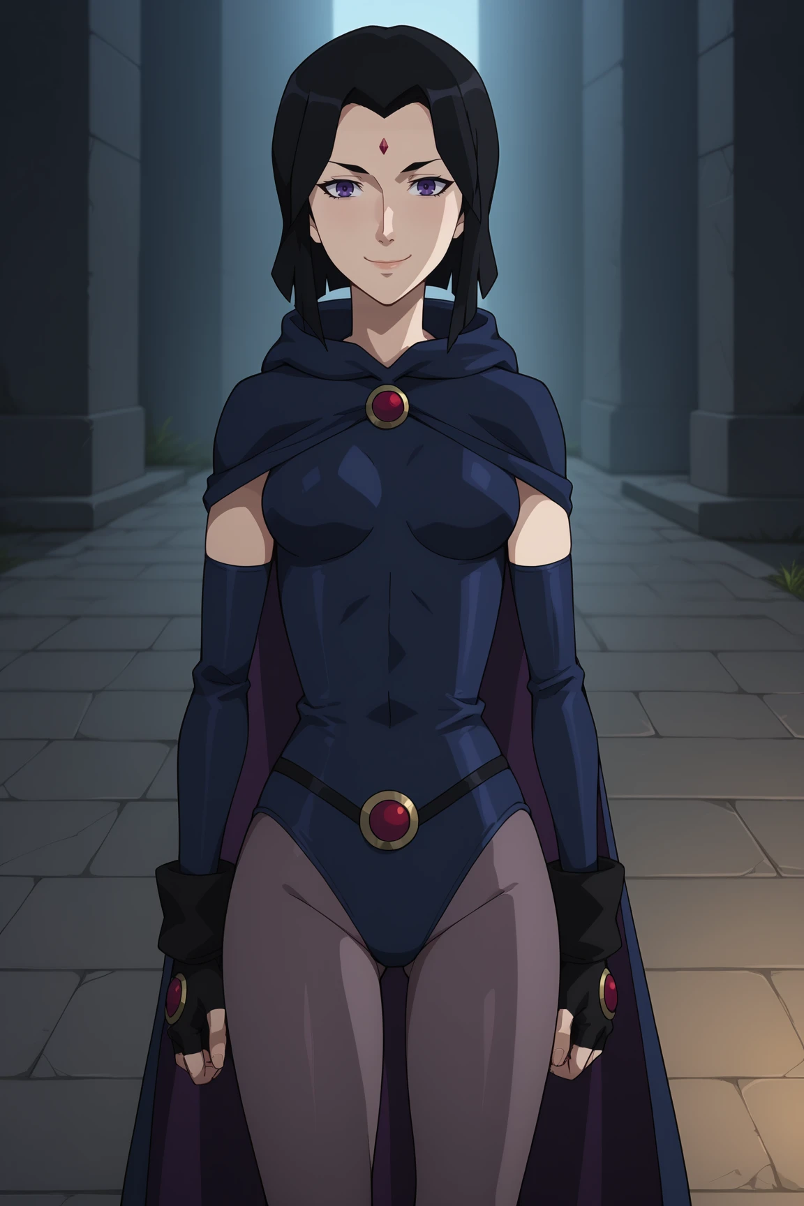 score_9, score_8_up, score_7_up, prefect lighting, source_anime, very aesthetic, BREAK,
<lora:rachel_roth_raven_v1-pdv6:0.9>, 1girl, rachel roth, purple eyes, black hair, short hair, forehead jewel,raven_\(dc\),
elbow gloves, fingerless gloves, pantyhose, leotard, cape, boots, 
BREAK, looking at viewer, smile, 
BREAK,