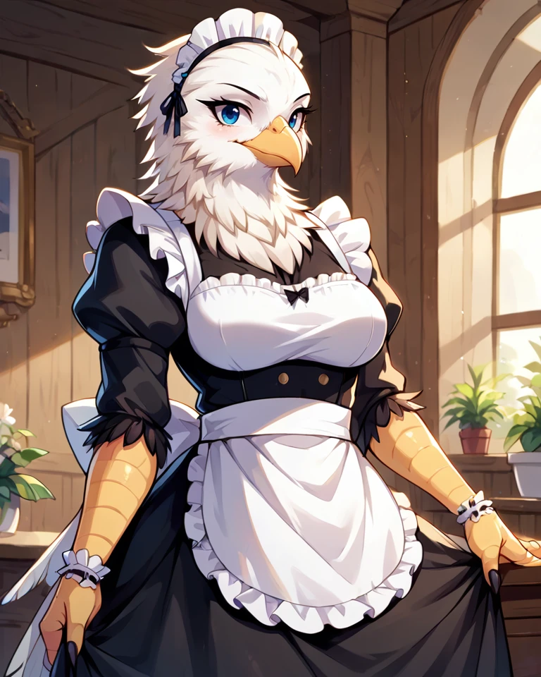 score_9, score_8_up, 1girl, masterpiece, <lora:MegaFeatheryPony_r1:1> megafeatherypony, feathers, feathery, bird anthro, avian, beak, eagle anthro, solo, female, maid