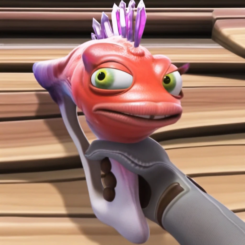 eyelashes, armless creature, legless creature, , thick lips, purple crystals on top of head, bottom handel, red skin, fish body, green eyes, Sweezy