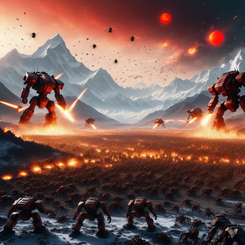 an extreme wide shot of a battlefield between an army of insect like humanoids against an army of mechwarriors, BREAK, there are mountains on the background as high as Mount Everest, a frozen valley, two red suns in the sky, fire and explosions abound, cinematic volumetric lighting, shot with Sony Fx6