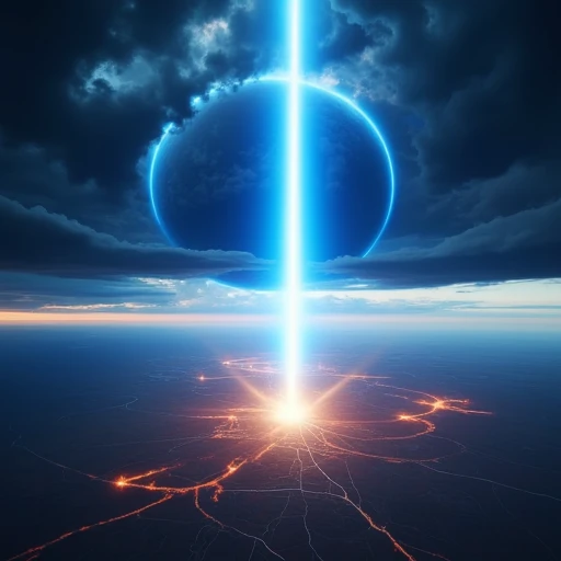 an orbital attack from the sky, huge blue beam ray strucking the ground with explosions and fire, dark cloudy sky opened by the ray with a light shockwave, white lighted horizon,