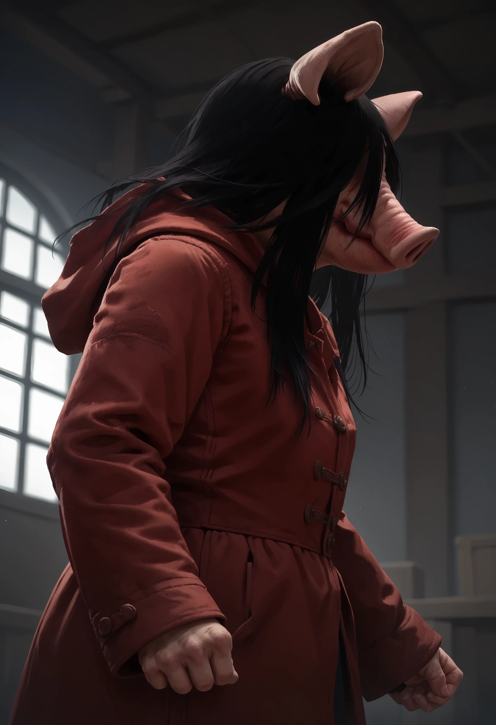 score_9, score_8_up, score_7_up, score_6_up, score_5_up, score_4_up,  1girl, <lora:ThePigDBD:0.85> animal ears, snout, pig snout, long hair, black hair, coat, red coat, hood, upper body, standing, eyeless,  from below,
dark factory background, indoors, blurry background