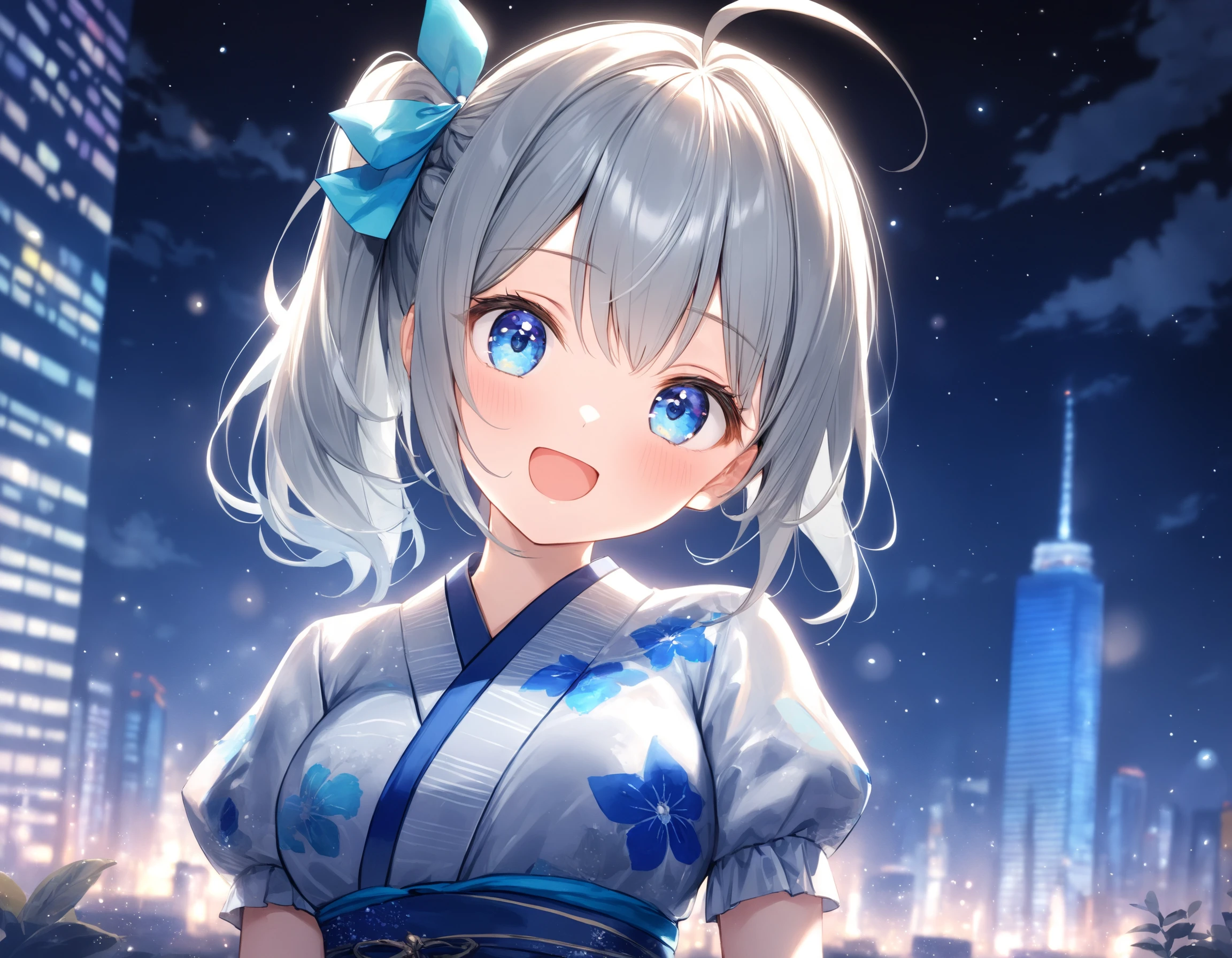 Depth of field. Upper body shot. Cinematic angle. A cute girl. Solo. Happy expression. :D. (Head tilt:1.15). Looking at viewer. (Round face:1.15). Detailed dark-blue eyes. Tareme. Detailed body. Medium breasts. Medium hair. (Side ponytail:1.1). Hair ribbon. (Gray hair). (Gray inner hair). Side french braid. Ahoge. Hair between eyes. One-piece dress. Pale saxe-blue kimono. Satin kimono. Short sleeves. (Puffy sleeves:1.1). Sky-high garden. Fashionable night city view. Iridescent  city. Skyscraper view. Summer night sky view. Summer. (Night:1.2). (Atmospheric lighting:1.4). Cute style. Watercolor. Intricate details. Extremely detailed. Outstanding intricacies. (Masterpiece:1.2). (Best quality:1.2). (Absurdres absolutely resolution:1.4).