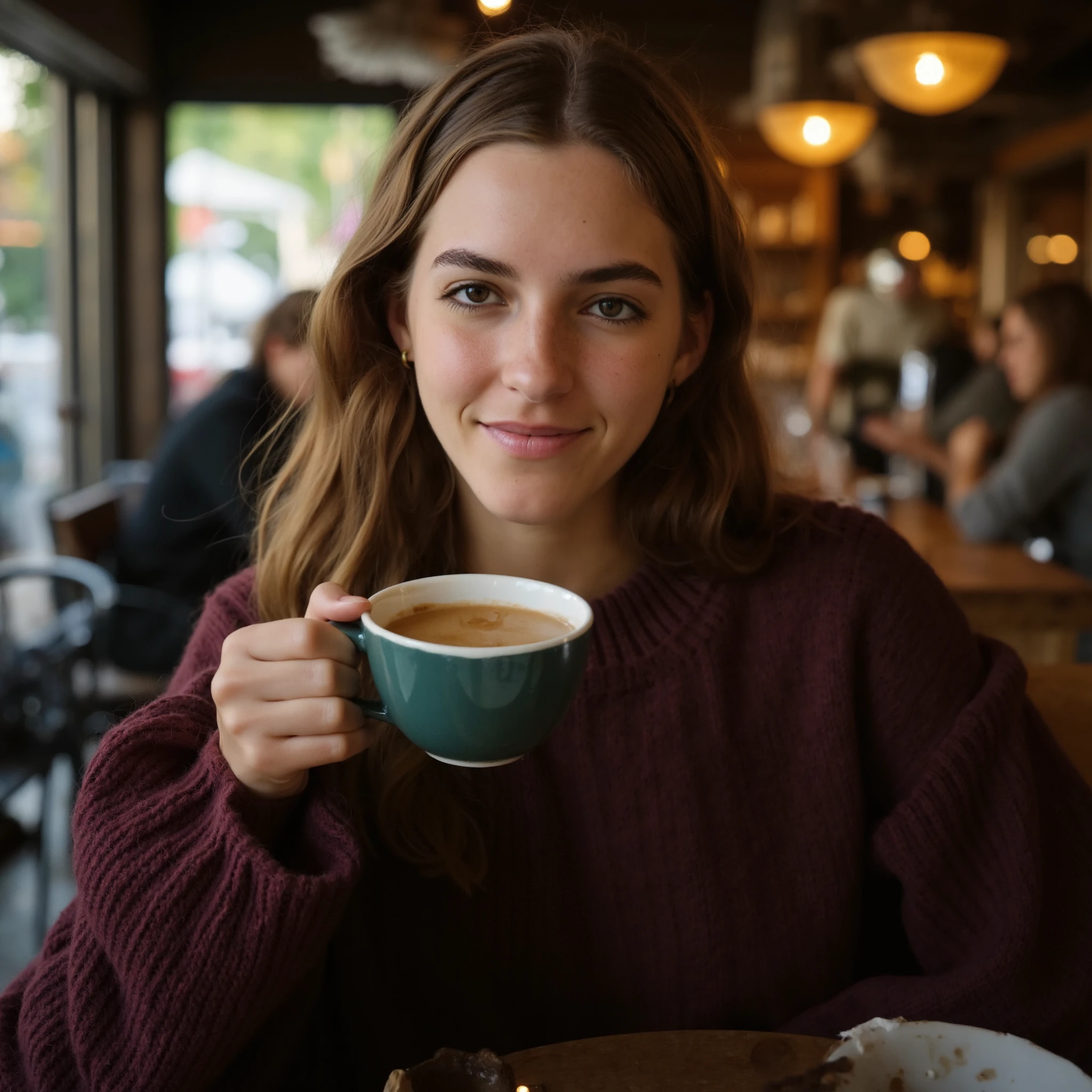 Create a detailed, close-up portrait of emfeld sitting in a cozy, dimly lit coffee shop. She is shown from the chest up, with a warm and inviting expression on her face. Her eyes are the focal point of the image, making direct eye contact with the viewer and conveying a sense of warmth, love, and connection. She is wearing a comfortable, oversized sweater in a rich, warm color, such as burgundy or deep green, which complements her skin tone and adds a touch of sophistication to the casual setting. In one hand, she holds a steaming cup of coffee, with the other resting gently on the table. The background of the image should feature the warm, inviting ambiance of the coffee shop, with soft lighting, warm wood tones, and the subtle movement and sounds of other patrons and baristas going about their business. The overall mood of the image should be one of comfort, intimacy, and connection <lora:flux_realism_lora><lora:EmilyFeldFlux_V1>