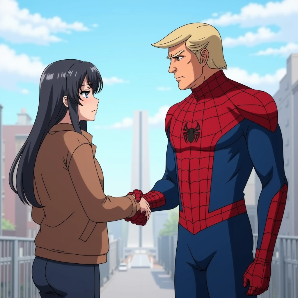 anime young woman skrjmamai wearing casual clothes shaking hands with a taller old donald trump who is wearing spiderman bodysuit with very serious face on a open air scene
