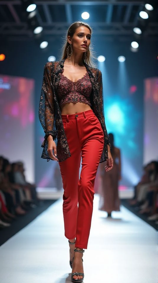 A stunning fashion model confidently struts down the runway during a high-profile fashion show. She is wearing a chic, elegant outfit that highlights modern fashion trends, with vibrant colors and intricate details. The runway is illuminated with soft, glamorous lighting, and the audience is visible in the background, captivated by her presence. Her pose is graceful, with a slight turn of her head, exuding confidence and poise. The atmosphere is filled with the excitement and allure of a premier fashion event