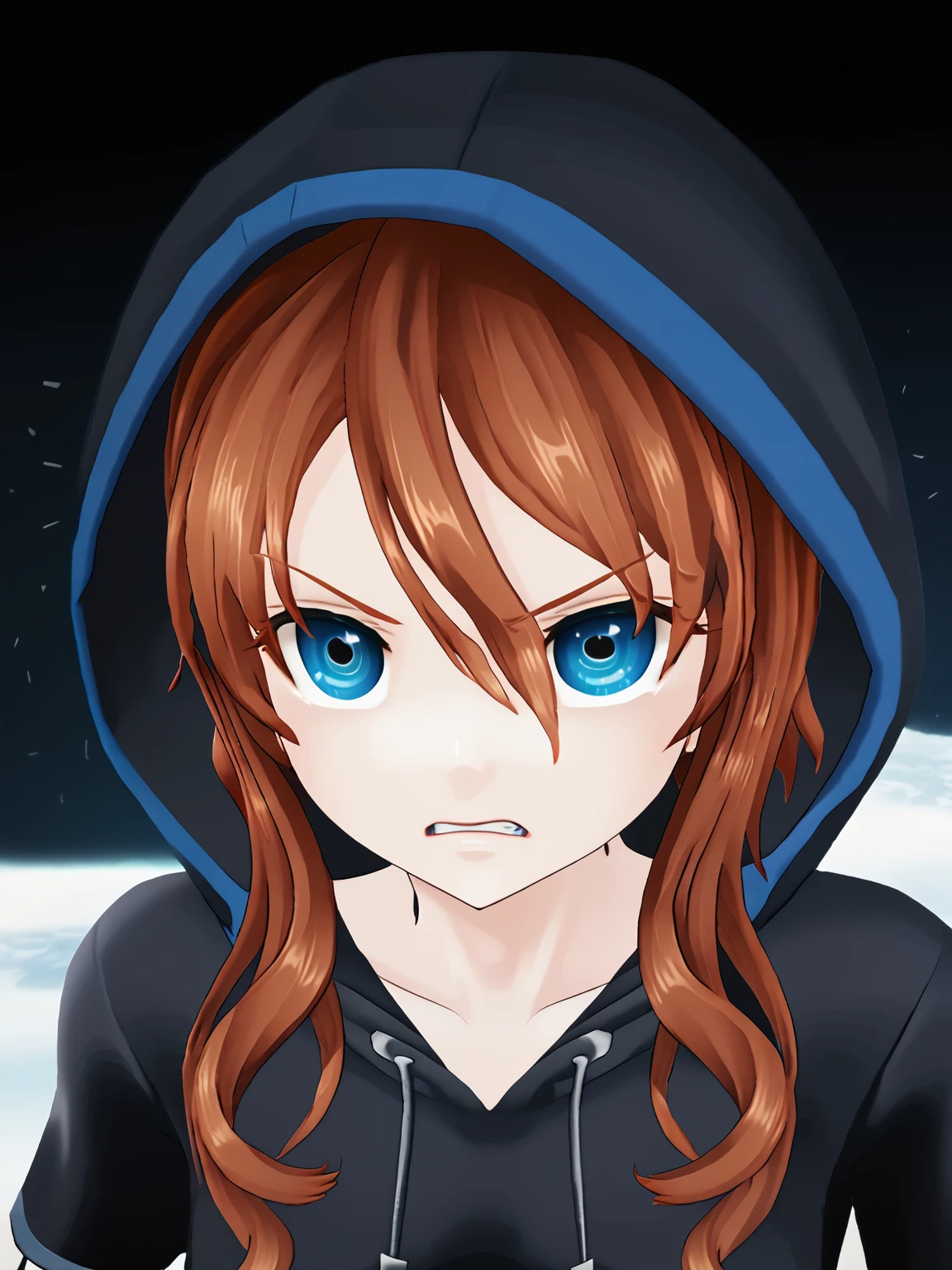 1girl, solo, xbreex, brown hair, open eyes, blue eyes, hood, angry
score_8_up, score_9_up, <lora:Bree-000002:0.8> <lora:XIII:1>