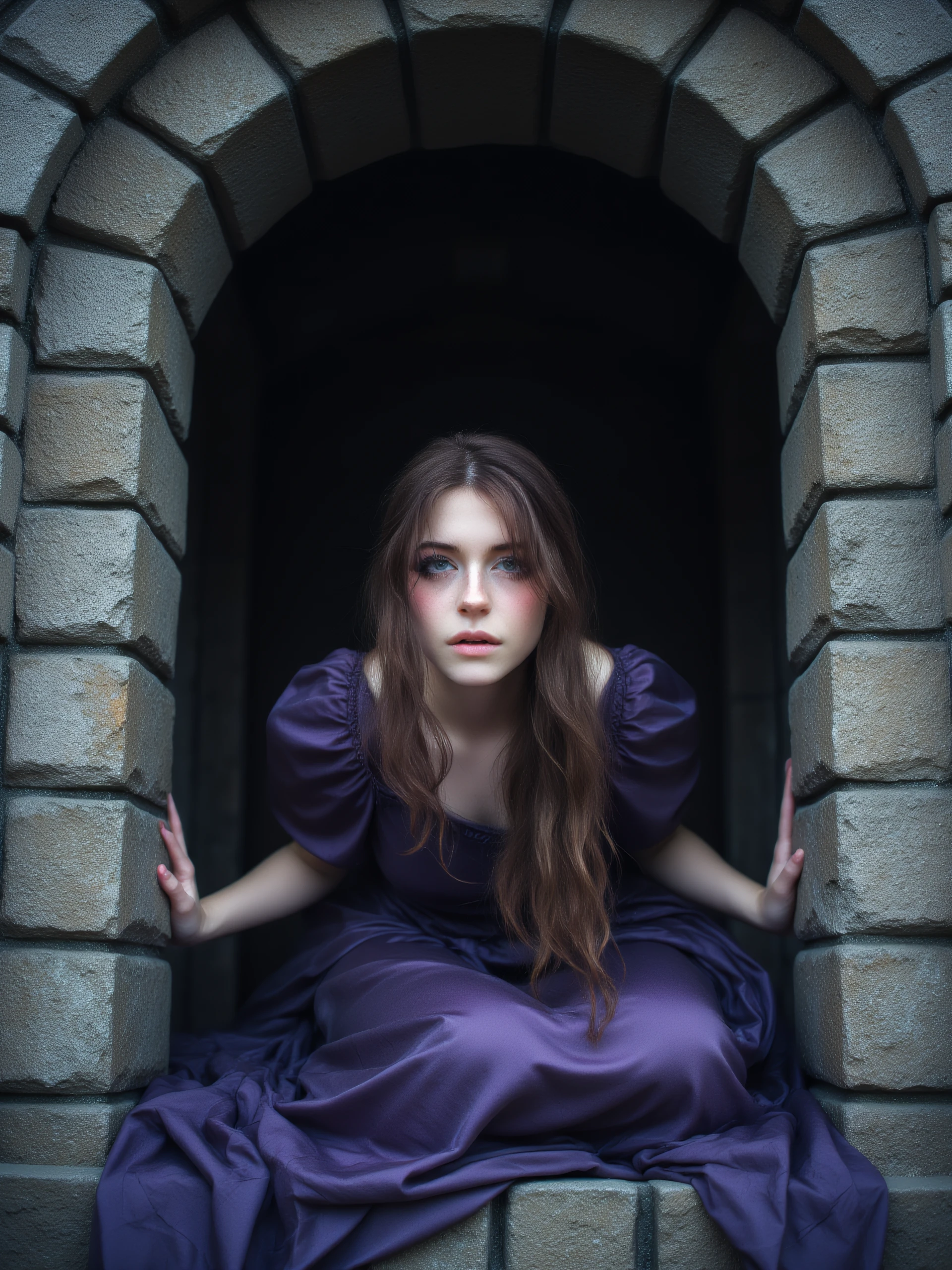 hnnhw woman cosplaying as repundsel. she is framed in a stone window of a stone tower. portrait. extremely long hair. purple gown. looking down at viewer. the scene is extremely detailed. she has a look of concern on her face. her long hair hangs from the window. her hair extends out of being the bottom of the frame.