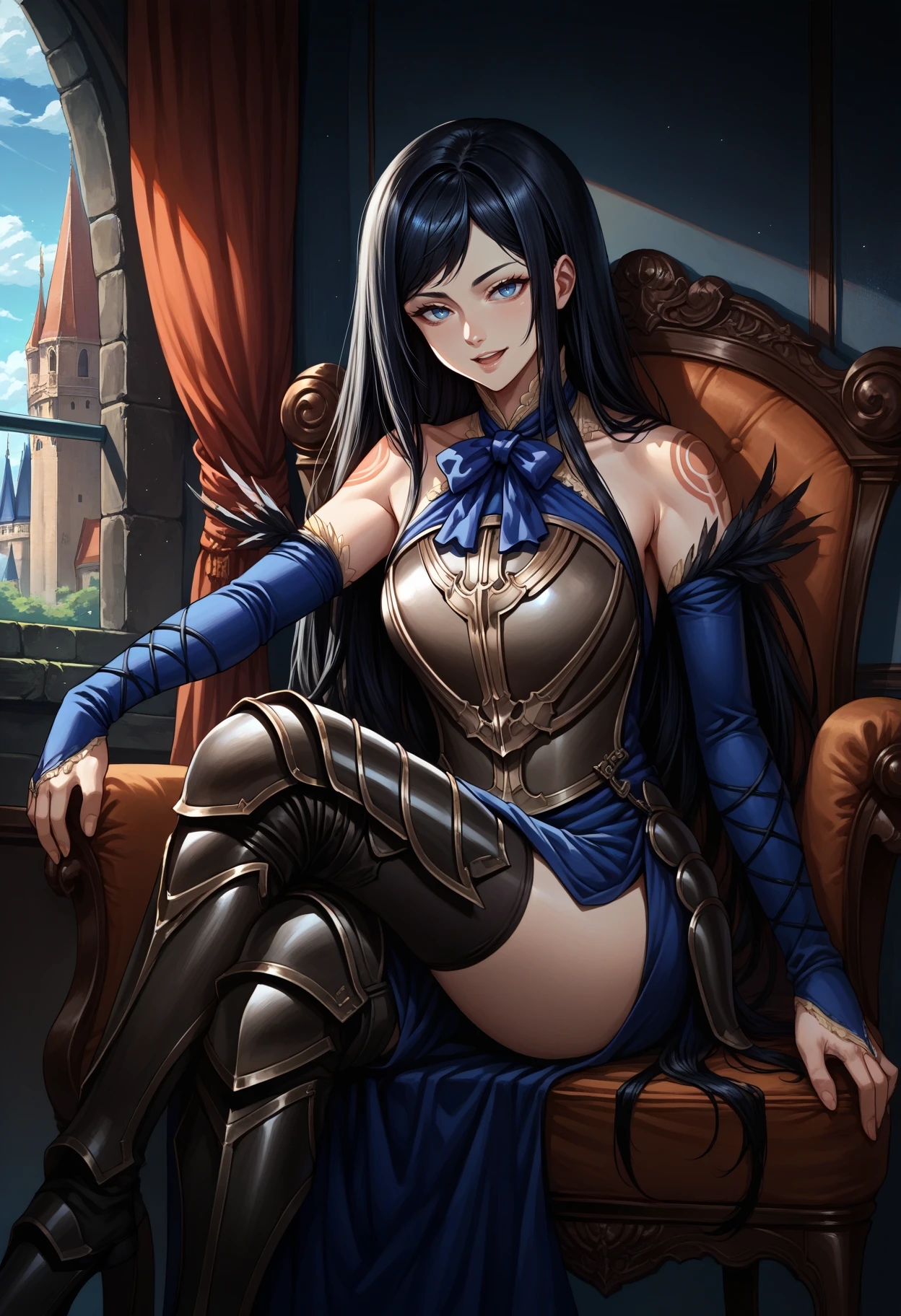 score_9, score_8_up, score_7_up, source_anime, 1girl, sitting, looking at viewer, smile, open mouth, crossed legs, <lora:ShanoaCV-pdxl:1> shanCV, long hair, black hair, blue eyes, blue dress, bare shoulders, tattoo, blue bowtie, armor, breastplate, medium breasts, bridal gauntlets, side slit, feather trim, black thighhighs, greaves, indoors, chair, window, castle