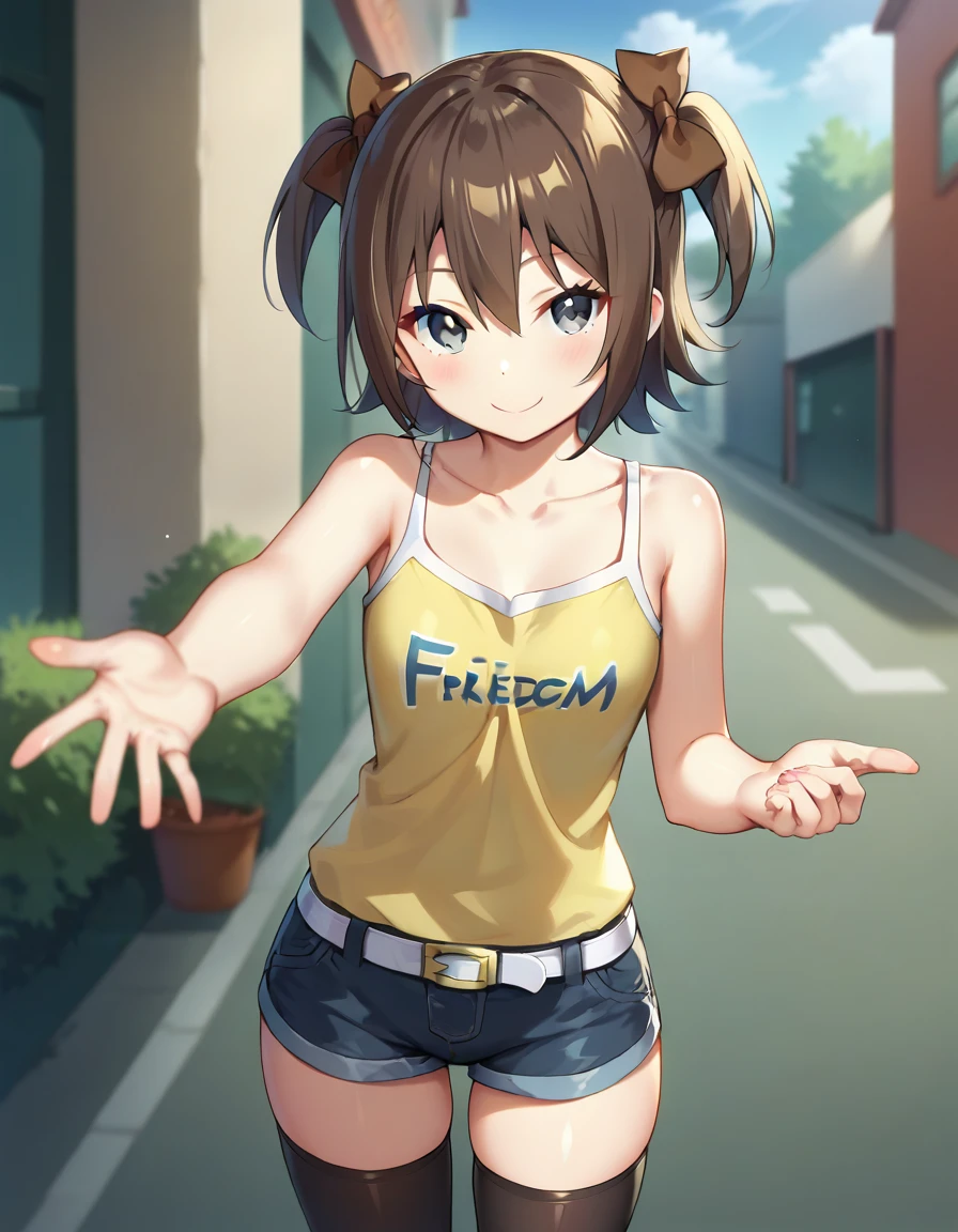 score_9,score_8_up,score_7_up,score_6_up BREAK official art,solo,outdoors,cowboy shot,looking at viewer,facing viewer,smile,Sky,brown hair,short hair,two side up,hair bow,brown bow,hair between eyes,grey eyes,collarbone,bare shoulders,tank top,yellow camisole,clothes writing,small breasts,white belt,grey shorts,short shorts,denim shorts,shorts rolled up,thighs,zettai ryouiki,black thighhighs,loafers,<lora:Sky(Sky-Freedom)-Pony:1.4>,<lora:Smooth Anime Style LoRA XL:0.8>,