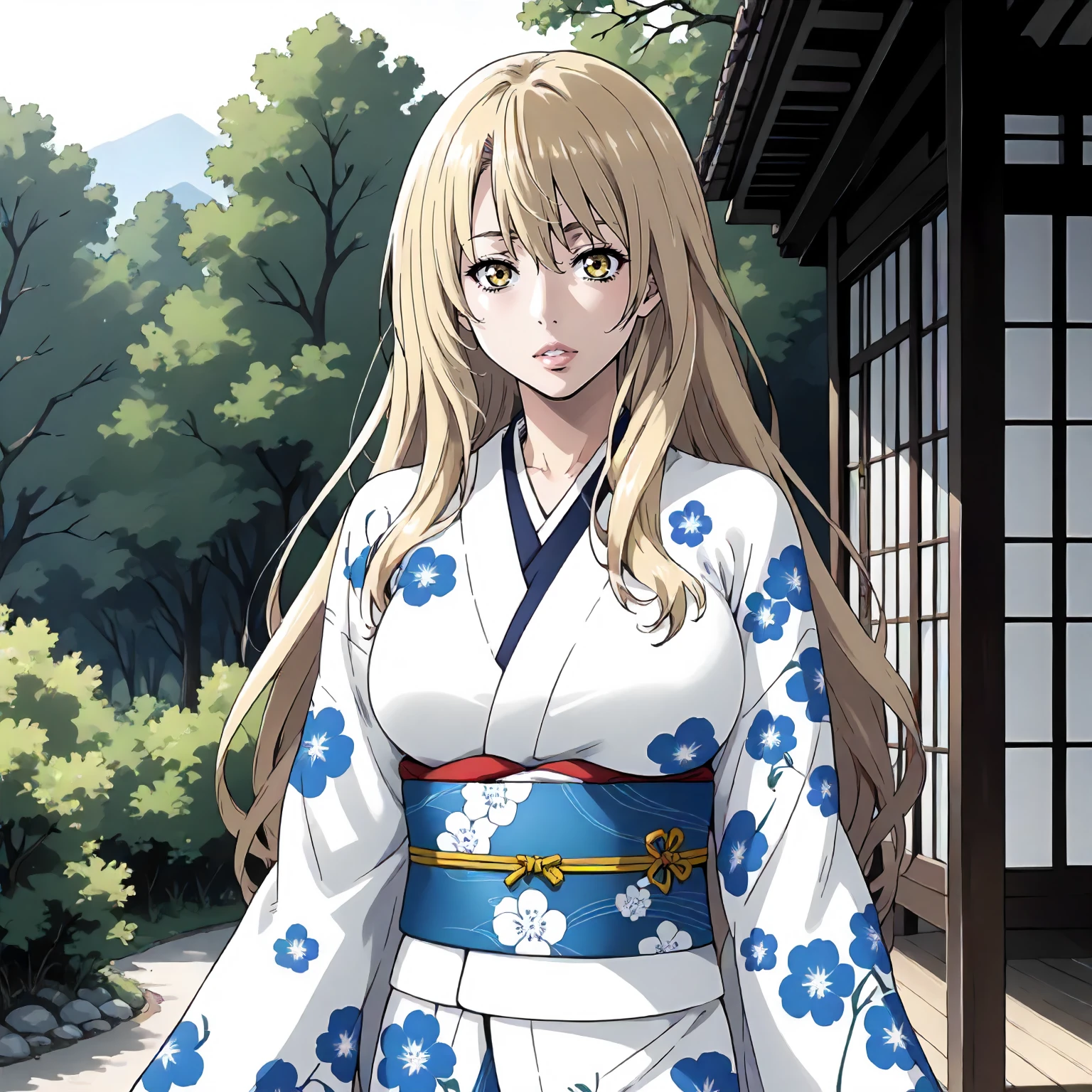 <lora:Us_EmaKaburagiXLpony001>,
outdoors,nature,
parted lips,looking at viewer,
solo,
EmaKaburagi,1girl,blonde hair,medium long hair,yellow eyes,
large breasts,
standing,
print_kimono,