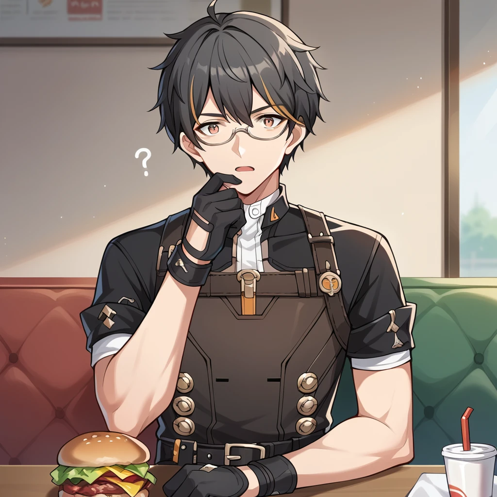 score_9_up, score_8_up, score_7_up, source_anime, masterpiece, best quality, 1boy, solo, Dreamseeker, DS_Mal, fast-food restaurant, sitting across table, upper body, looking at you, burger, hand on own chin, open mouth, confused, short hair, black hair, streaked hair, orange hair, glasses, under-rim eyewear, two-tone shirt, black shirt, white shirt, black sleeves, rolled up sleeves, short sleeves, black gloves, white pants, belt, chest strap, shoulder strap, mature body, dynamic cowboy shot, indoors, fast food cafe background