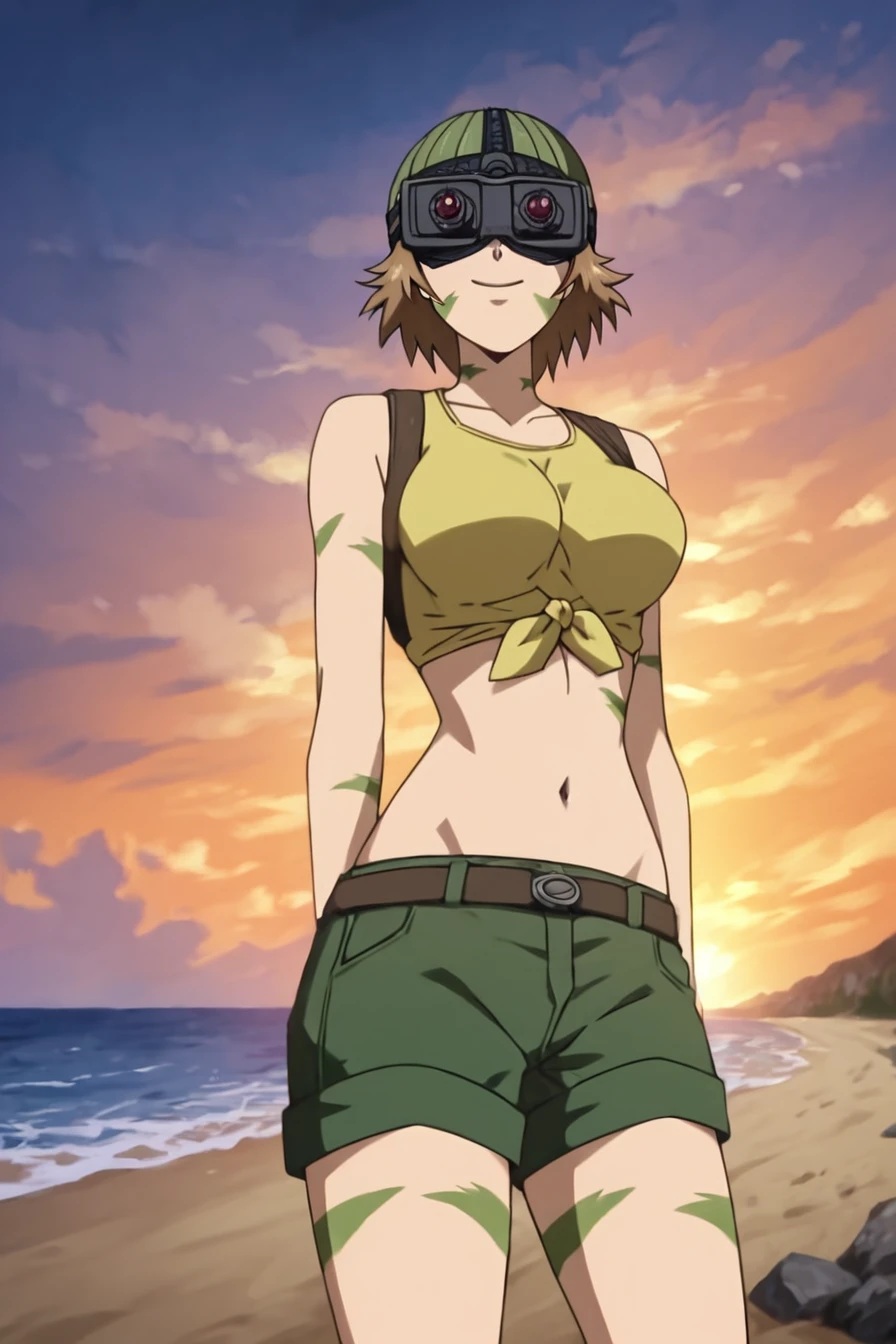 score_9, score_8_up, score_7_up, score_6_up, score_5_up, score_4_up, <lora:Toko_Amada:1>, Toko Amada, short hair, brown hair, breasts, scar, green hat, googles, googles on head, tied shirt, midriff, navel, green shorts, 1girl, standing, alone, looking at the viewer, masterpiece, highres, highly detailed face, highly detailed shining eyes, symmetrical highly detailed eyes, entire body, legs, beach, sand, sea