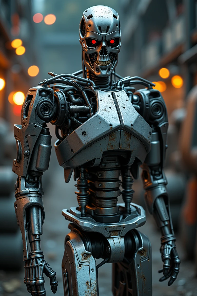 terminator-800,a robot standing in sci-fi factory