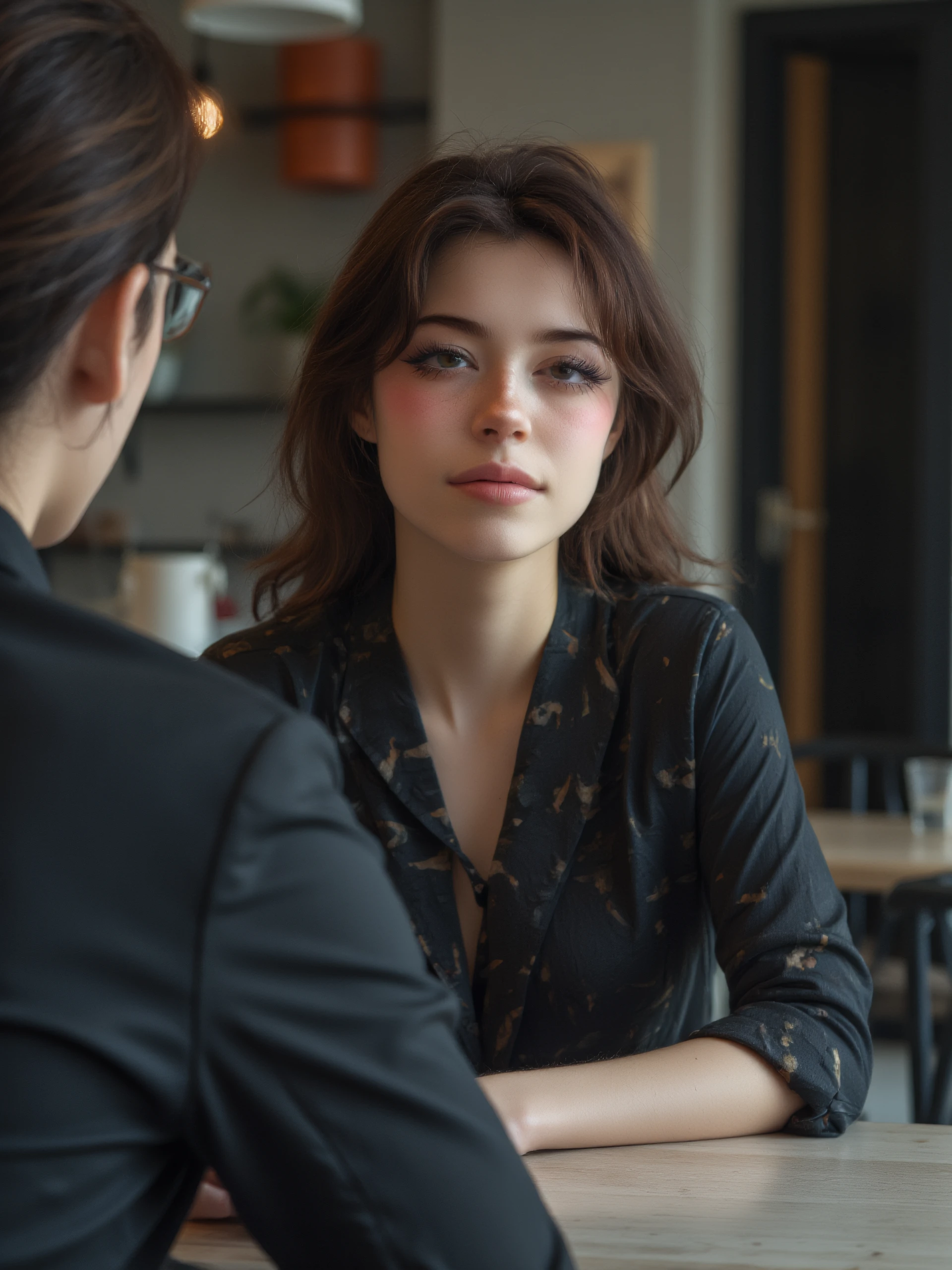 hnnhw woman making eye contact with the viewer. she sits across a table from the viewer with a subtle smirk as she finds the viewer to be attractive and interesting.