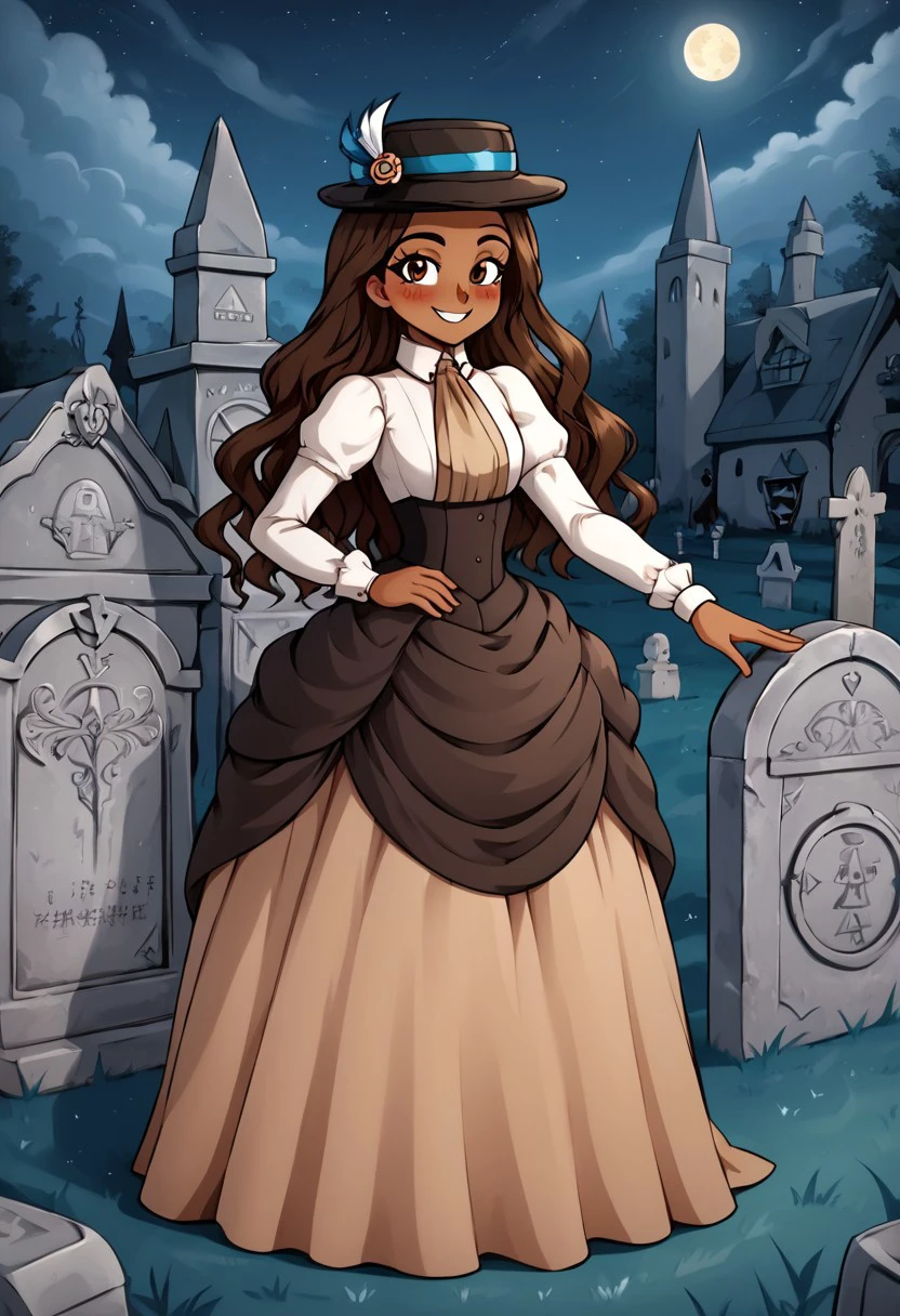 high definition franimel, dress, long hair untill hips, brown skin, brown eyes, blush, hat, dramatic illumination, full body, victorian graveyard, standing aside a tombstone, detailed background, night, playing with hair, cute smile, look at viewer