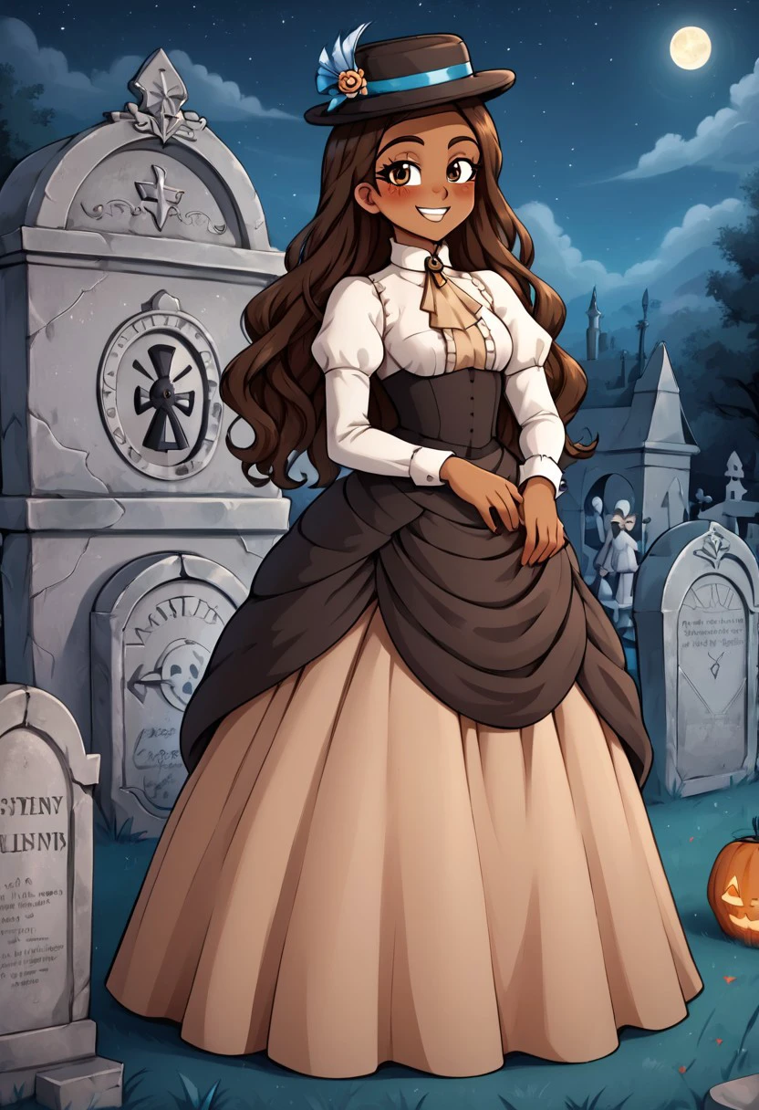 high definition franimel, dress, long hair untill hips, brown skin, brown eyes, blush, hat, dramatic illumination, full body, victorian graveyard, standing aside a tombstone, detailed background, night, playing with hair, cute smile, look at viewer