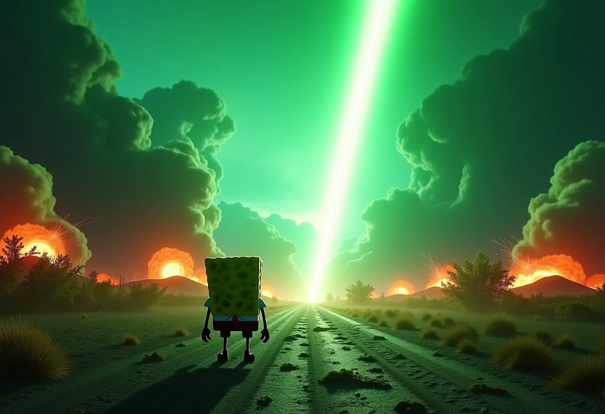 RAW photo, (photo flash:1.5) (fashion photography) (pictorialist style), fashion shot, realistic photo style, sharp focus, an orbital attack from the sky strikes Sponge Bob Square Pants' town Bikini Bottom, huge green beam ray striking the ground with explosions and fire, dark cloudy sky opened by the ray with a light shockwave, white lighted horizon, cinematic volumetric lighting, wide shot with Sony Fx6