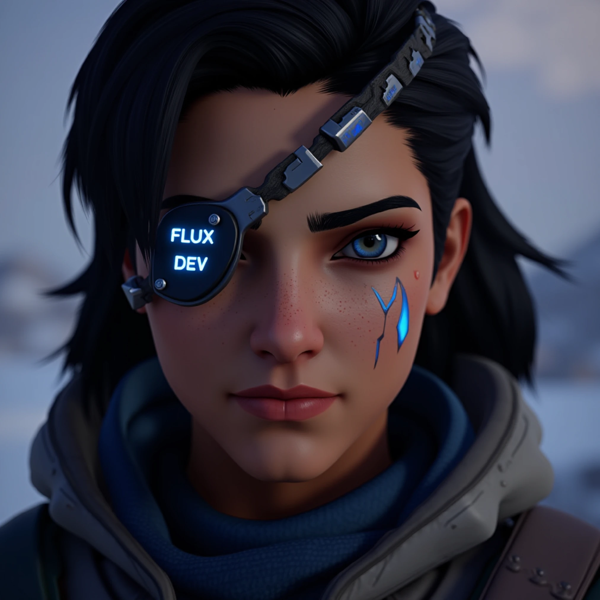 realistic looking Ana with an eye patch on left eye with text "ana FLUX DEV Lora"