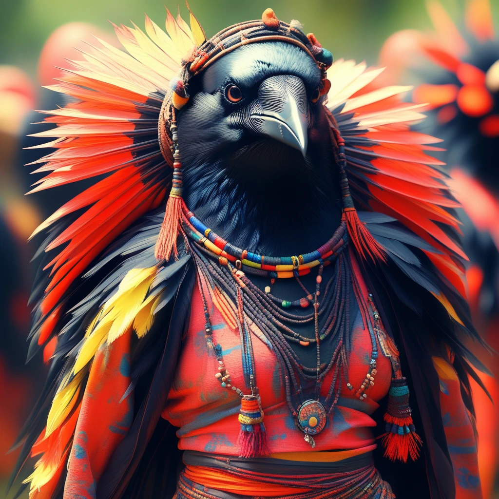 corvidfolk, nomadic fan dancer, colorful, cute