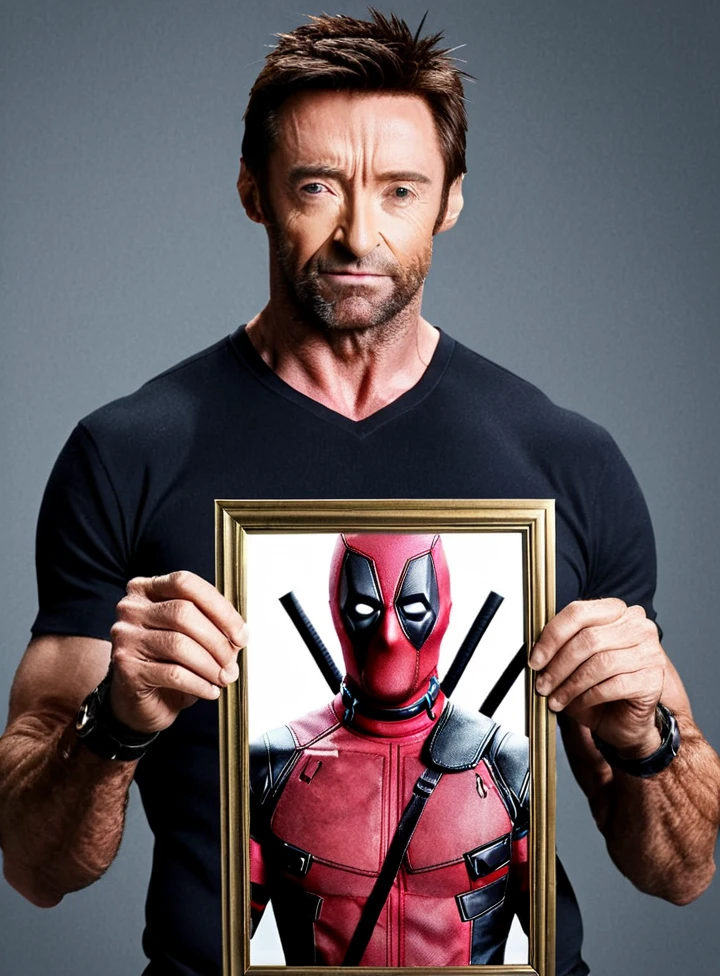 Hugh Jackman holding a picture frame of Deadpool, split panel, best quality, masterpiece   <lora:Hugh_Jackman:1>