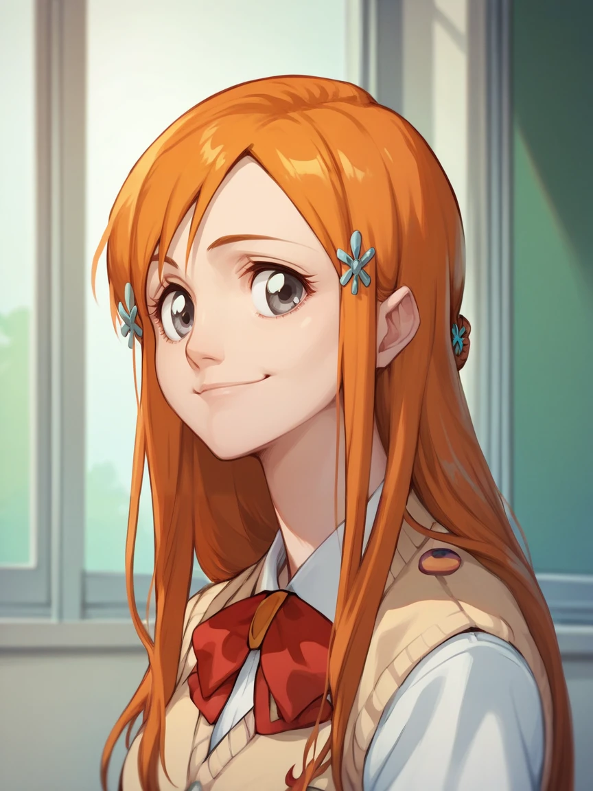 score_9, score_8_up, score_7_up, score_6_up, score_5_up,    <lora:orihimeXLP:1> orihime, 1girl, long hair, solo, orange hair, hair ornament, school uniform, grey eyes, smile