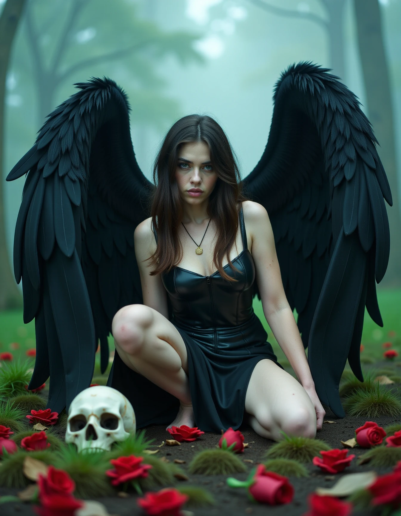 photo of a sad female fallen angel with black wings in a foggy swamp,light leather armor,squatting,looking at viewer,skulls and red roses on ground,bright blue eyes,vibrant colors,intricate,soft lighting,high quality,film grain,sharp focus,Luis Royo style,Black and color