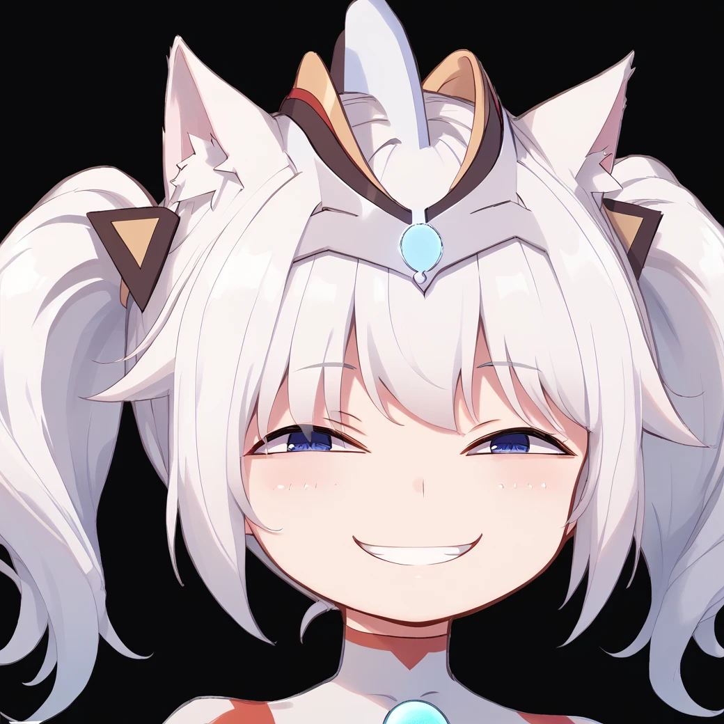 <lora:JunNeko-000009 (1):1>,junneko,twintails,white hair,cat tail,cat ears,headgear,chest jewel,blue eyes,
blue jewel,body markings,white bodysuit,high heels,
1girl,solo,
IncrsAnyasHehFaceMeme,grin,<lora:AnyasHehFaceMeme_XLPD:1.2>,, score_9,score_8_up,score_7_up,source_anime,best quality,masterpiece,uncensored,detailed eyes,<lora:add-detail-xl:0.7>