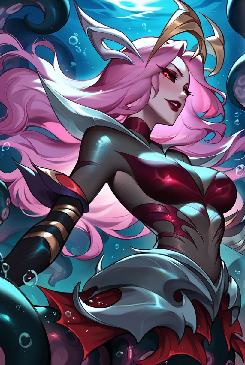 score_9, score_8_up, score_7_up, c0venn4mi, coven nami, 1girl, monster girl, red eyes, colored sclera, black sclera, (tentacles:1.2), bodysuit, long hair, pink hair, red lips, makeup, gloves, elbow gloves, 
<lora:Manwha_Anime_Style:0.65>, underwater, bubble, water, solo, ((night)), full body, ((octopus girl, scylla)), <lora:Nami_Coven_v2:0.95>, head down, manhwastyle, backlight