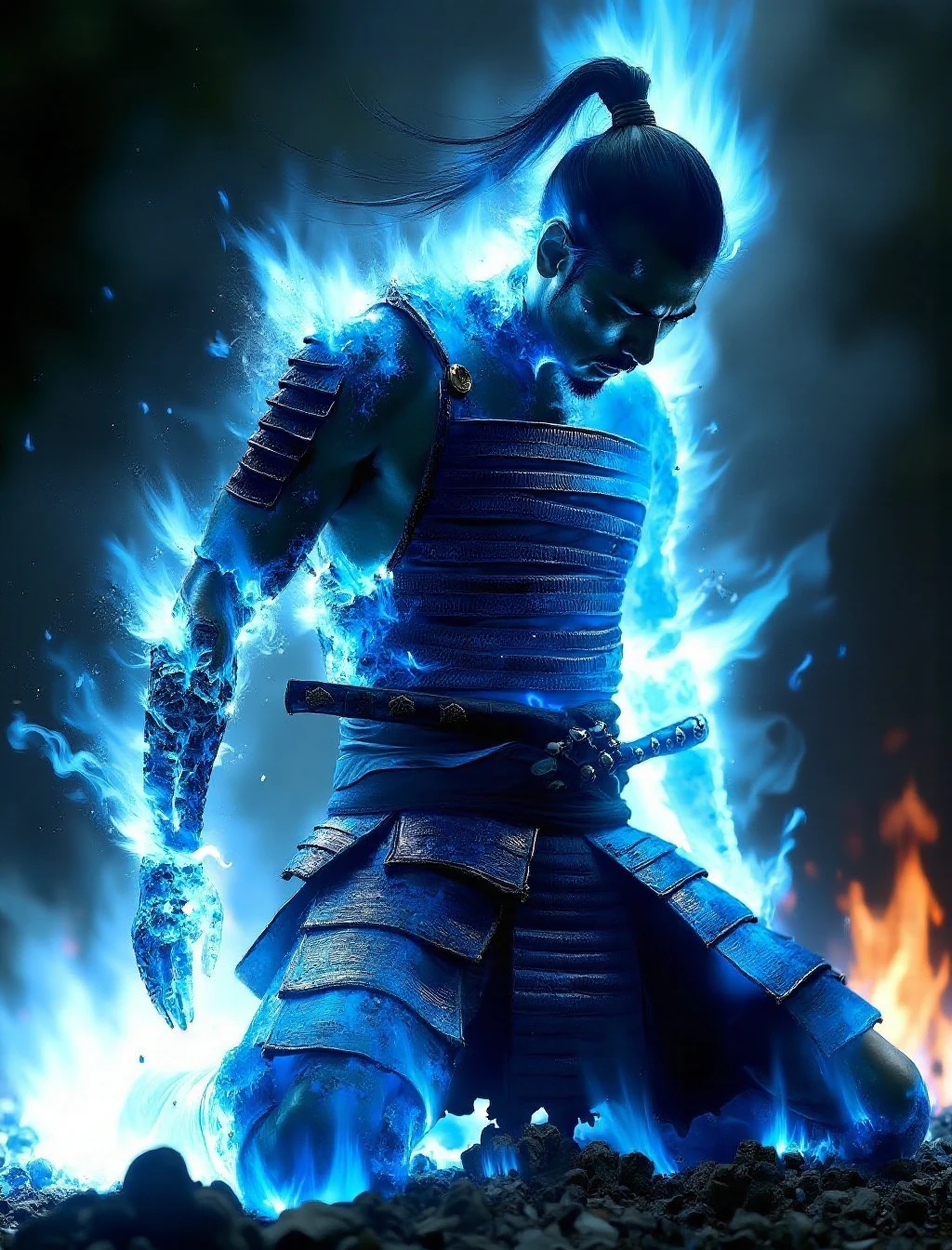 extreme close up of a male samurai disintegrating, blue disintegration, blemeshes, futuristic, hyperrealism, blue disintegration, burning, turn to ash, kneeling, defeated, blue flame, blue embers