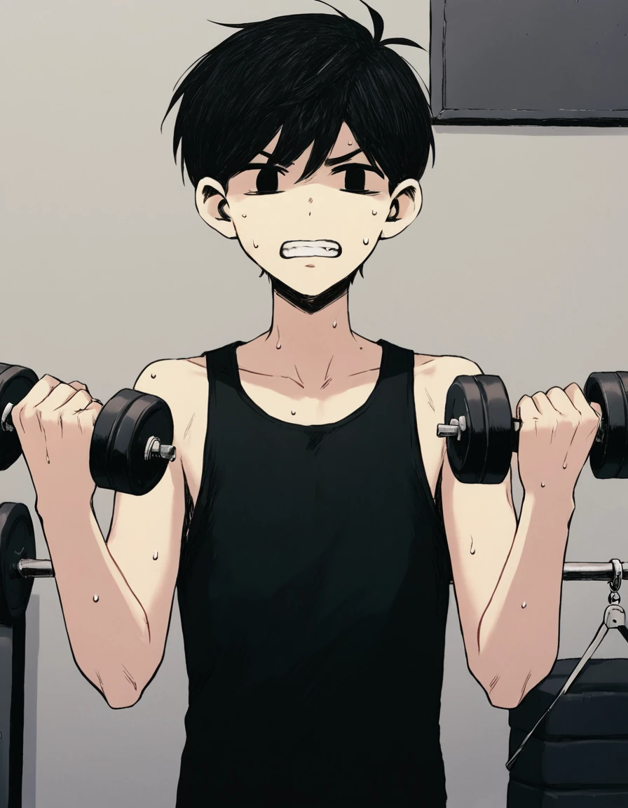 score_9, score_8_up, score_7_up, source_anime, anime illustration, masterpiece, best quality, lots of details, volumetric lighting, BREAK
1boy, solo, 18 years old, femboy:0.1, adult, sunnyomori, black hair, black eyes, short hair, no pupils, lifting weights, hands up, tank top, gym trunks, pained face, in pain, sweating, teeth, clenched teeth, indoors, gym background, detailed background