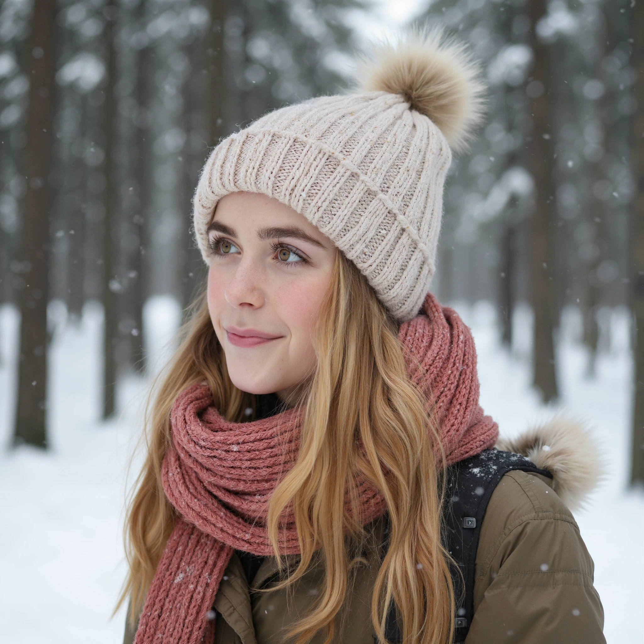 serene portrait of kieshipka, a young woman standing amidst a wintry forest during a heavy snowfall. The scene captures the quiet beauty of winter, with large snowflakes gently falling around her, covering the ground and the trees in a thick, soft blanket of snow. she is dressed warmly for the cold weather, wearing a cozy bobble hat that fits snugly over her long, blonde hair. The hat is knitted and features a fluffy pom-pom on top, adding a touch of charm to her winter attire. A thick, woolen scarf is wrapped around her neck, its soft material providing warmth and comfort against the chill. The scarf's color contrasts nicely with the snowy environment, standing out in the otherwise muted color palette of the scene. Her expression is peaceful and content, Her cheeks are slightly flushed from the cold, adding a natural warmth to her complexion. The snowflakes catch in her hair and on her clothing, glistening softly in the diffused light. The background is a picturesque winter forest, with tall trees towering above, their branches heavy with fresh snow. The snowfall is steady and thick, creating a dreamy, almost magical atmosphere as the snowflakes swirl gently through the air. The ground is completely covered in snow, and the footprints she has made are just barely visible, adding to the sense of stillness and quiet in the scene. The lighting is soft and natural, typical of a snowy day, with the overcast sky casting a gentle, even light that enhances the serene mood of the portrait. The overall color palette is dominated by cool whites and soft greys, with the bright colors of her bobble hat and scarf providing a subtle yet vibrant contrast. The overall mood of the portrait is peaceful and serene, capturing kieshipka in a moment of quiet reflection amidst the beauty of a wintery forest. The combination of her warm winter attire, the heavy snowfall, and the tranquil forest setting creates a calm and picturesque image that evokes the crisp, refreshing feel of a snowy day<lora:flux_realism_lora><lora:KiernanShipkaFlux_V1>