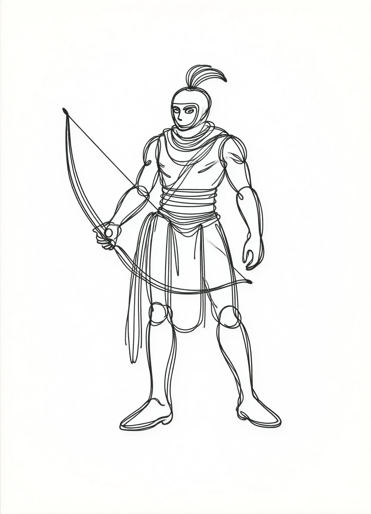 one line drawing,  male sandman, mercenary archer,, headgear
