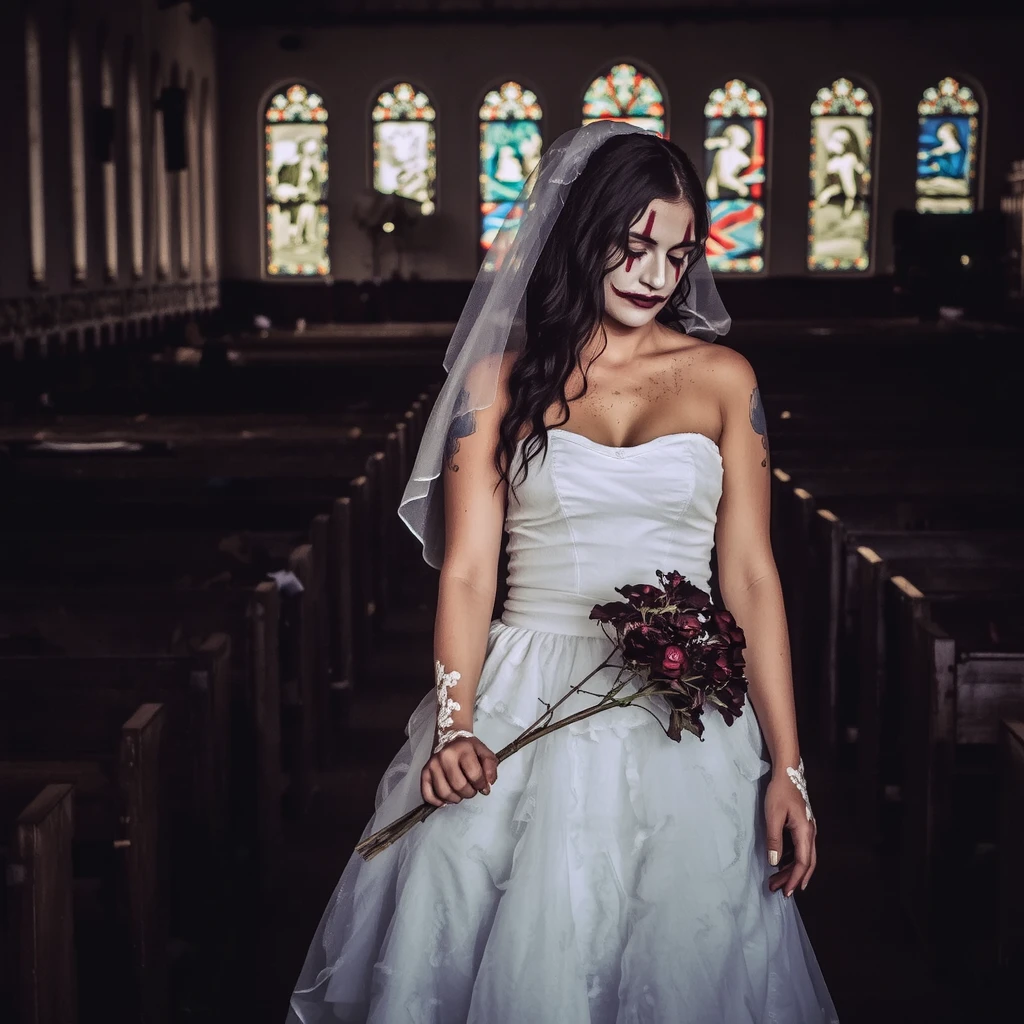 Haunting photo of a woman, dressed in a decayed bridal gown, holding a bouquet of wilted flowers with a sorrowful expression, medium shot, abandoned church background with broken pews and shattered stained glass, dim and eerie lighting, eye-level angle, sharp focus with somber and desaturated tones, makeup with ghostly pallor and dark circles,