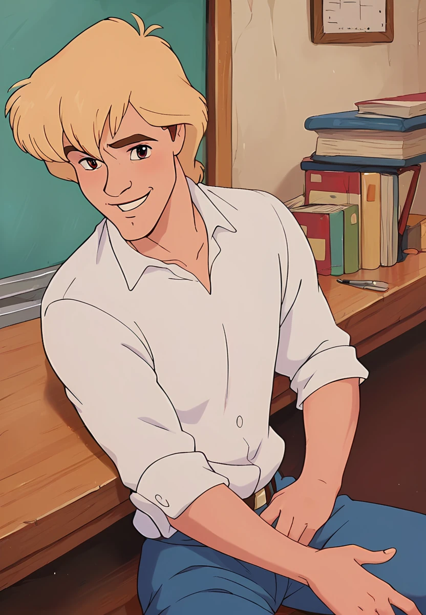 score_9, score_8_up, score_7_up, score_6_up,  animation, retro artstyle, disney style, <lora:Zak_pxl_V0.0-000050:0.7> z9k, 1boy, a smiling boy sitting at a desk. he is wearing a white shirt, close-up
 location: airport terminal, indoors,
artistic composition
 <lora:gh1bl1XLP:0.8> gh1bl1