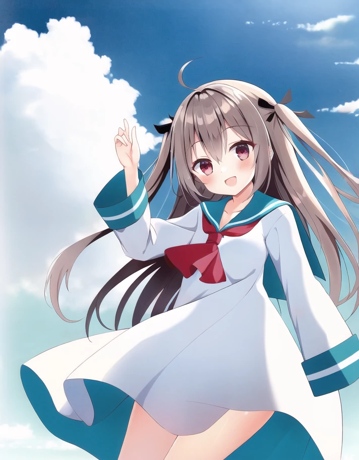 <lora:ç»å¥½æ:0.8>,<lora:atriTest3:0.8>,1girl,solo,blush,bangs,twintails,ahoge,shoes,atri,long hair,red eyes,white sailor dress,blue sailor collar,brown hair,black hair ribbon,red ascot,wide sleeves,hair between eyes,looking at viewer,two side up,smile,outdoors,sky,day,cloud,