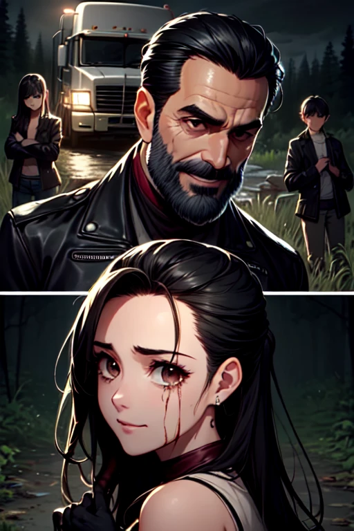 multiple views, close-up, negan, holding weapon, 1guy, dancing, facial hair, undercut, red scraf, black leather jacket, black gloves, narrow waist, slender man, 1girl, 2girls, multiple girls, fear, scared, crowd, truck, fog, night, forest, realistic, <lora:girlhatenegan:0.9>