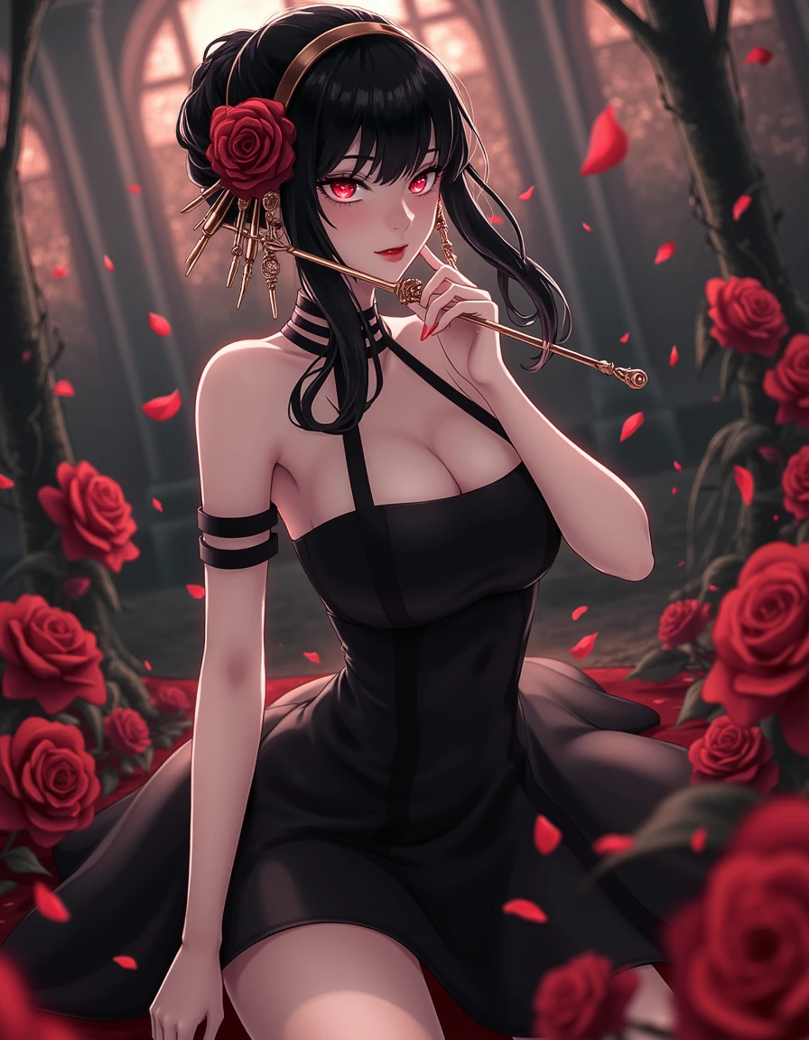 full body of yorforger2 in illustration style, she has dark hair styled in an elegant updo, adorned with a large, intricate rose hairpiece,
her eyes are glowing red, she wears a black, strapless dress and have long sexy legs. 
the composition is very cinematic, the background is very detailed and shows the image is taken outdoor,
<lora:yorforger2_000001400:1>