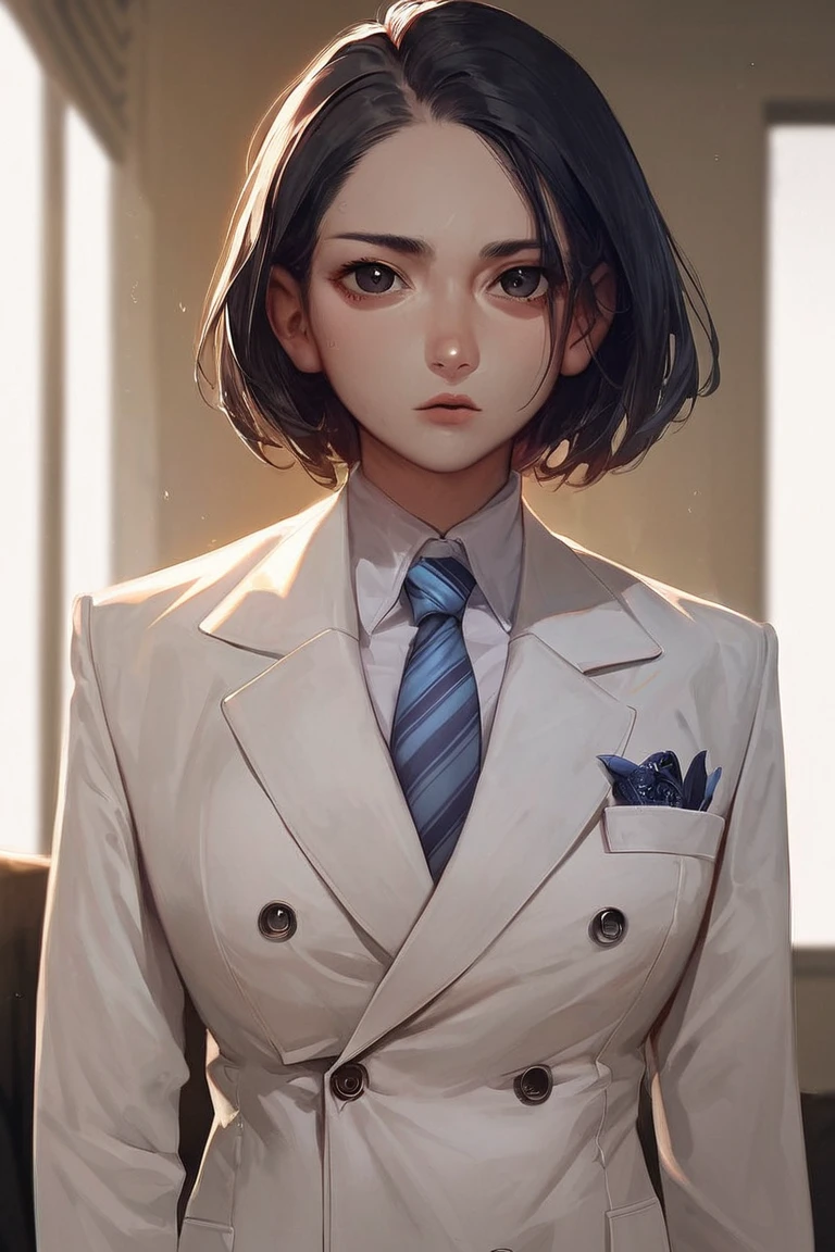 score_9, score_8_up, score_7_up, score_6_up, source_anime, double-breasted suits, 1girl, female focus, formal, necktie, solo, suit, looking at viewer, black hair, indoors, black eyes, short hair, coat, shirt, blue necktie, white shirt, closed mouth, standing, striped necktie, upper body, collared shirt