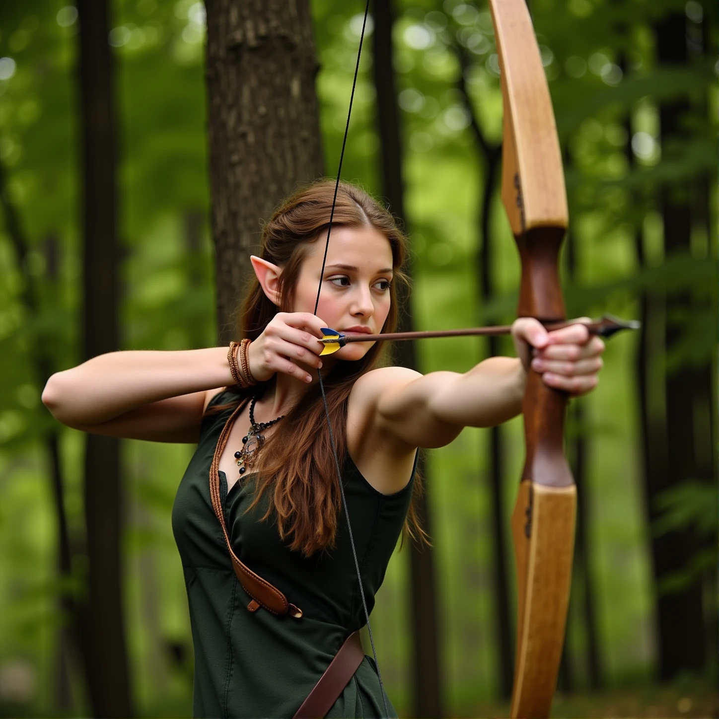 <lora:bow and arrow v1:1>
Archery a side view of an elf woman is aiming a bow and arrow in the woods, 1girl, solo, long hair, brown hair, holding, jewelry, weapon, outdoors, pointy ears, holding weapon, tree, nature, forest, bow (weapon), realistic, arrow (projectile), holding bow (weapon), aiming, photo background, holding arrow, drawing bow, archery, bow to shoot arrows, perfect hands, detailed hands, detailed image, sharp image, perfection, different, gloves, closed mouth, upper body, braid, sleeveless, sarashi